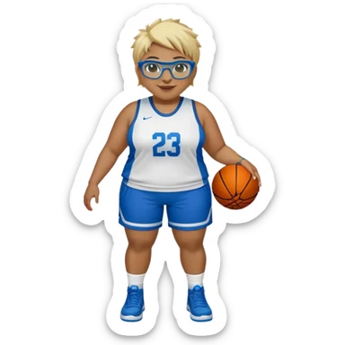 Full Body plus size white female with short spike hair wearing blue glasses basketball player wearing blue green uniform smiling sticker