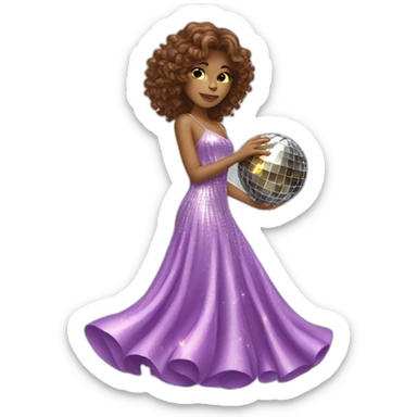 female with brown wavy hair dressed in a party dress and disco ball sticker