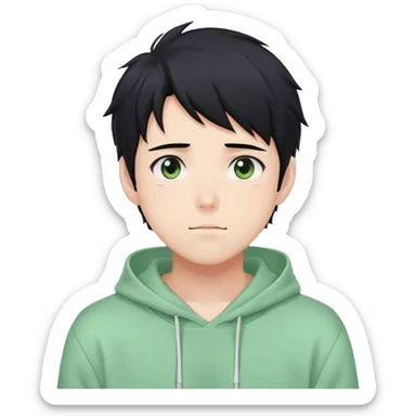Gorgeous pastel green sweater black hair anime style shojo guy with blushing face and, hoodie, aesthetic, young adult, trending style outside  sticker