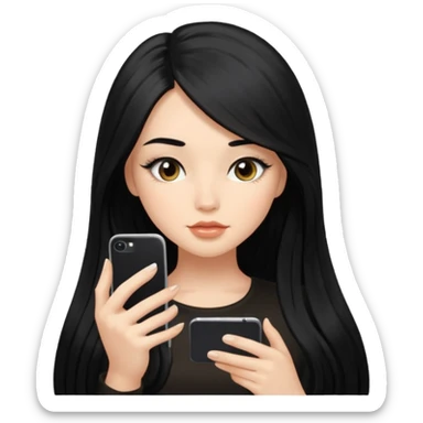 a girl with silk long black hair having fomo looking at her phone, she has long lashes  sticker