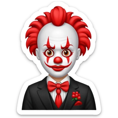 Crea un payaso con cara blanca sin pelo con cuernos negros y un traje rojo con negro sticker