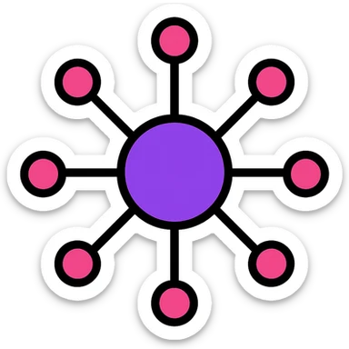 minimalist abstract icon of a global internet network, points connected by neon violet and magenta lines in circular or hexagonal pattern, radiating from center, on white background, optimized for small size sticker