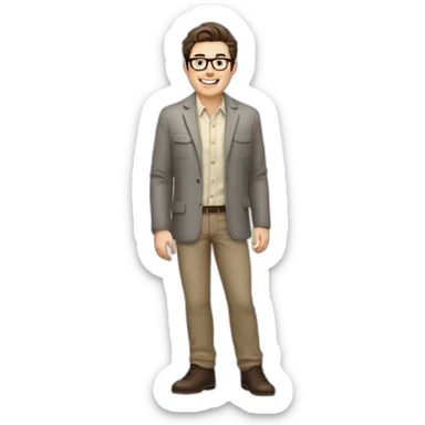 Joyful Full height Pale skinned Fit Man With dark brown hair in gray jacket, beige office shirt, Brown pants and vintage glasses. His thrumbs up sticker