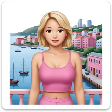 jennifer lawrence, pink crop top leaning on a balcony with a harbor and cityscape in the background, smiling sticker