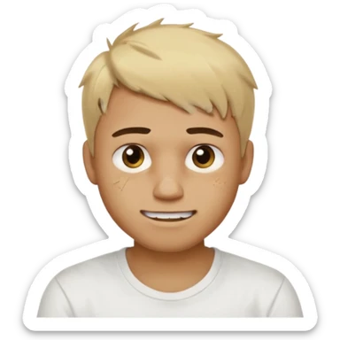 Male with short, messy blonde hair, large expressive golden-brown eyes, brown skin, subtle facial bruises and scratches, crooked smile showing slightly damaged teeth, wearing a plain white t-shirt. sticker