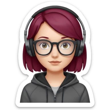 white girl with burgundy hair, gray squared-glasses, black deportive hoodie and black headphones sticker