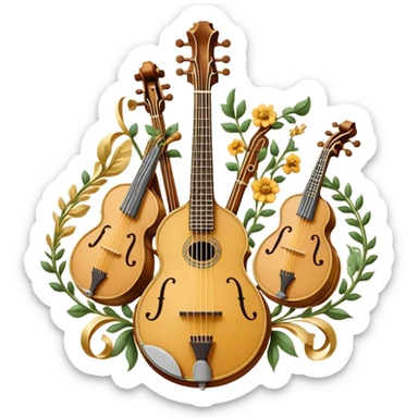 Create an intricate, festive, and emblematic emoji symbolizing plucked string instruments. The design should resemble a regal crest, featuring instruments like a banjo, mandolin, domra, sitar, and other plucked strings, arranged symmetrically in an ornate composition. Their necks and strings should elegantly intertwine with a flowing ribbon of musical notes, wrapping gracefully around the instruments. The overall shape should be grand and balanced, evoking a sense of tradition and celebration. Use a rich and refined color palette with gold, deep mahogany, and vibrant accents, adding intricate wood textures, decorative inlays, and metallic tuning pegs for a professional, polished look. The background should be transparent, making the emblem stand out as an independent artistic mark sticker
