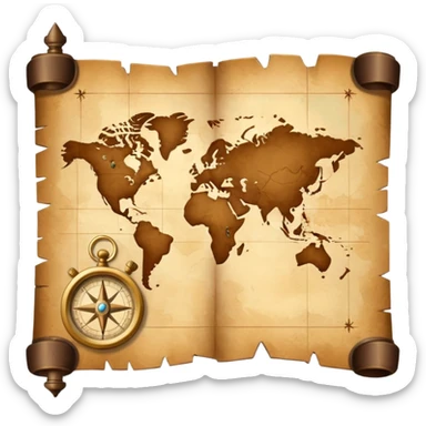 Brown golden map with Travel compass pointing to adventure sticker