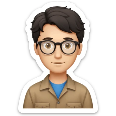 Young caucasian carpenter with black wavy hair, round glasses, brown work clothes with shirt underneath sticker