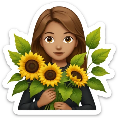 She appears to be a young woman with medium-length light brown hair that falls naturally past her shoulders. 
 In her hands, she holds a bouquet of bright yellow sunflowers with large green leaves, which stand out vividly against her dark clothing and the dark tiled wall behind her. sticker