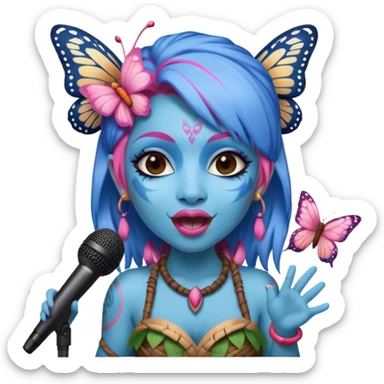 Pixar style Blue and pink tiki girl singing with butterfly and in the mikrophone sticker