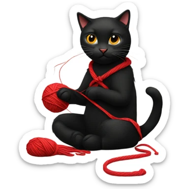 Black cat knitting with red yarn sticker