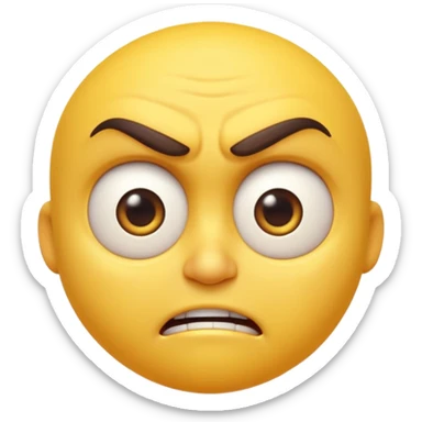 “A high-quality 3D angry emoji, intense facial expression, furrowed eyebrows, narrowed eyes, clenched mouth, vibrant yellow glossy texture, dramatic studio lighting, realistic reflections, smooth rounded shape, ultra-detailed Pixar-style 3D render, isolated on white background, 4K resolution” sticker