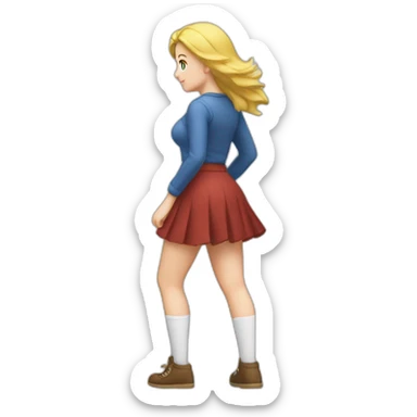 full body back view curvy caucasian beauty in small skirt lifted by strong wind butt white socks sticker