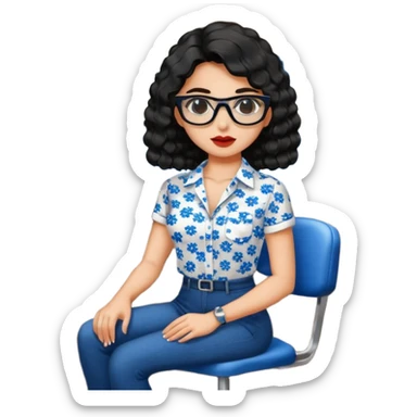 No pero que las florecitas azules estén en la camiseta dibujadasCréame una chica morena de pelo más o menos por los hombros con granitos en la cara y unas gafas negras, que esté sentado en una silla de bar con una camisa blanca con florecitas azules sticker