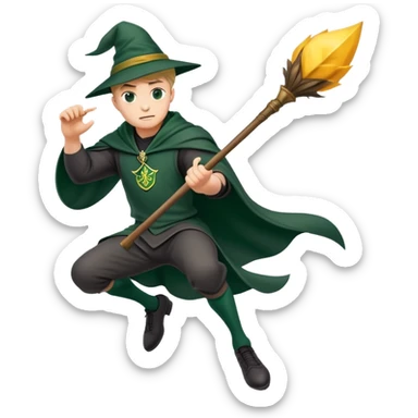 A muscular strong Slytherin student in final year without hat, sitting on a broomstick between his legs, chasing after a golden snitch sticker