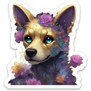 iridescent kintsugi fluffy zombie black brown gold dog fox head zombie skeleton gold mechanical nebula galaxy stars colorful flowers fairy lights vintage zombie sticker