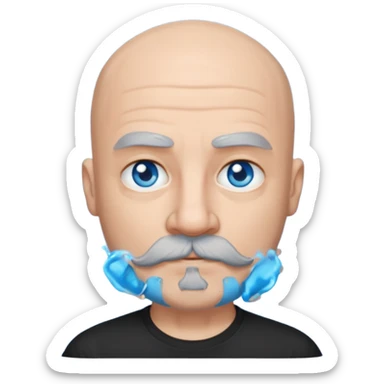 Bald man with blue eyes grey beard and moustache. Black T-shirt  sticker