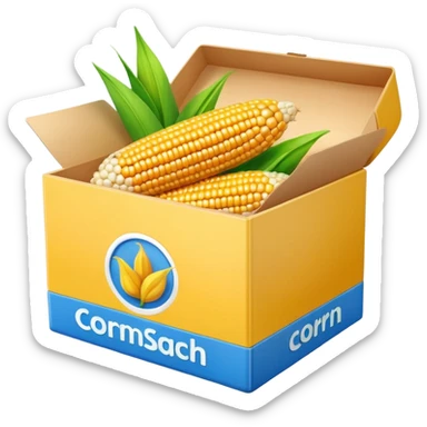 realistic box of cornstarch, small, yellow with blue, rounded edges, corn cob and green leaves illustration, 'CORN STARCH' in red, smooth glossy, minimal, clean 3D, soft lighting, transparent background, emoji scale sticker