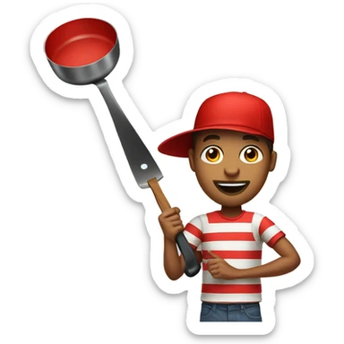 a guy in a striped T-shirt and a red hat is holding a frying pan sticker