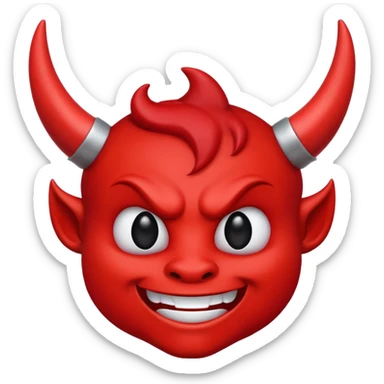 CARTOON STYLE EMOJI of a RED DEVIL FACE with small HORNS pointing up, BLACK EYES, and a MISCHIEVOUS SMILE. The entire face is RED with a smooth glossy texture. BACKGROUND is PURE WHITE, clean and simple. sticker