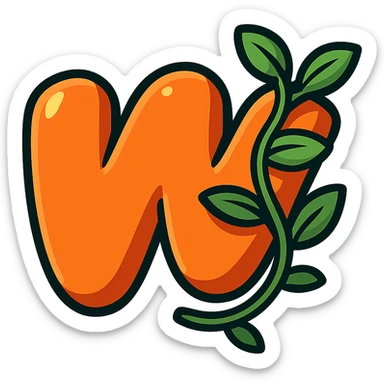 plump vibrant Wattpad logo 'w' in cartoon style with bold outline expressive shadows highlights decorated with a leafy vine wrapping around the logo no background sticker