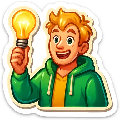 bright and expressive male visionary, fair skin, tousled golden hair, wide joyful eyes, wearing a green hoodie over a yellow tee, one hand raised with a glowing lightbulb, waist-up, front-facing sticker