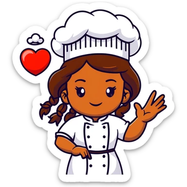 Brown-skinned female chef with long braided brown hair, wearing a chef's hat, with both an angel halo and devil horns, making a heart shape with her hands sticker