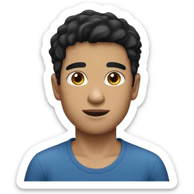 a boy with black hair fair skin and blue t-shirt sticker