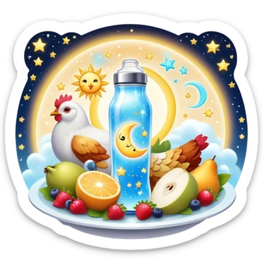 Magical fitness galaxy with ethereal glowing water bottle, celestial sun rays, enchanted floating chicken and rice plate, mystical sparkling gym equipment, luminous yogurt, twinkling fruit pieces, and dreamy moon and stars, all orbiting in perfect harmony within a cosmic starry circle sticker