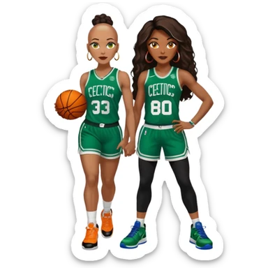 48-year-old black woman with brown eyes, long dark brown balayage hair dressed in sexy 
celtics jersey costume outfit with stilettos. A bald white man with orange beard, blue eyes, wearing a Jason Tatum Boston Celtics Jersey, matching Nike sneakers  sticker