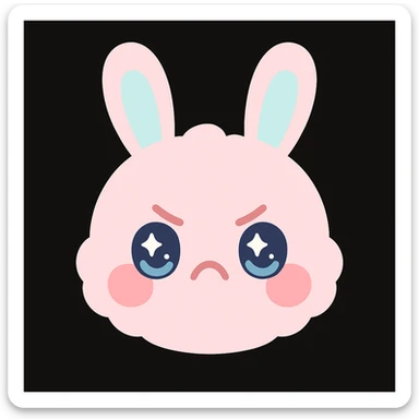 kawaii chibi-style bunny emoji with a round fluffy face, sparkly eyes, blushing cheeks, pastel color palette, angry mood, soft rounded design, anime-style, black background, vector art sticker
