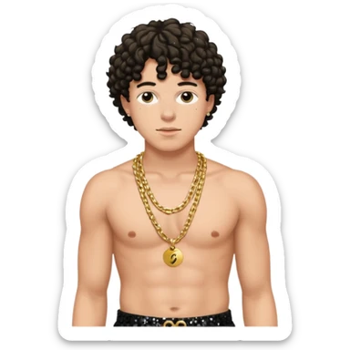 Jack Harlow with black sequin baggy pants, shirtless with necklace sticker