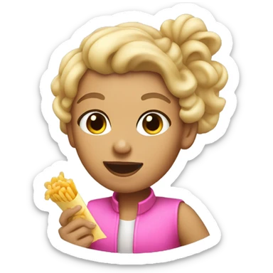Tan girl with blonde hair  with hee hair up in a pink vest eating macaroni  sticker