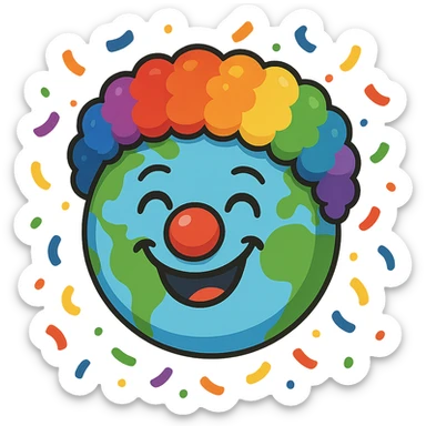 a globe with clown features, red nose, rainbow wig, and silly smile, surrounded by confetti sticker