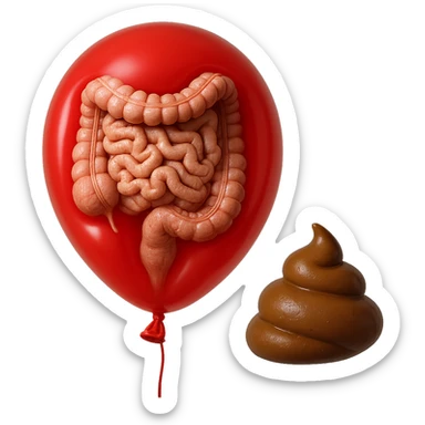 intestino umano anatomico chiuso in un palloncino rosso che simboleggia gonfiore, accanto un simbolo di cacca che simboleggia "diarrea", iperrealistico 4k sticker