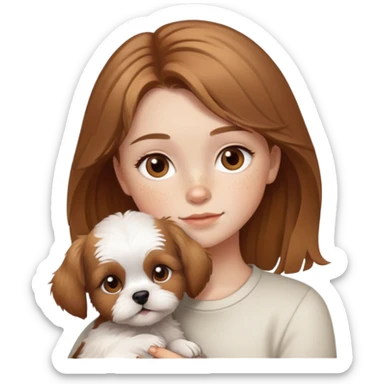 Young girl with light brown hair hazel eyes and freckles with her shitzu puppy sticker