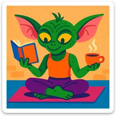 colorful illustration of gremlin practicing yoga, holding tea and reading a book sticker