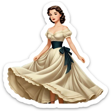 Icon for Romance Movie: A vintage movie poster-style design inspired by Gone with the Wind. Include romantic, sweeping imagery like Scarlett O'Hara in a flowing dress, Rhett Butler, a plantation backdrop, and fluttering wind-blown fabric. Soft, nostalgic cinematic feel. Transparent background. sticker