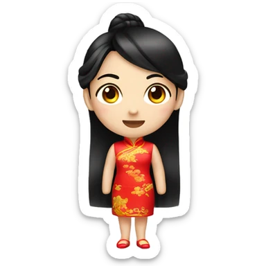 A beautiful Chinese girl with black hair, wearing a red cheongsam, in emoji style. sticker