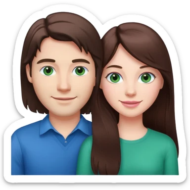 pink polaroid photo of a couple thats white with long brunette hair blue eyes and a white guy with short brunette hair and green eyes sticker