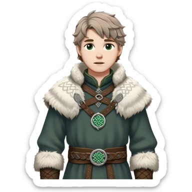 Medieval winter outfit worn by a DnD themed fantasy male character. Heavy charcoal wool tunic with arctic wolf fur lining, adorned with intricate iron clasps and a thick leather belt with celtic knotwork. Clothes only above the waist, full waist coverage. The character has no arms. Character is white-skinned with light brown hair, gray-green eyes, and short wavy hair dusted with winter's touch. sticker
