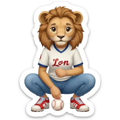 friendly anthropomorphised female lion wearing a baseball shirt, jeans, and trainers, in a squat position, empty hands sticker