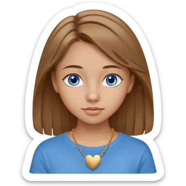 A 16-year-old girl with long, light brown hair and blue eyes. She also has slightly tanned skin, a small nose, and average-sized lips (though her lower lip is slightly larger than her upper lip). She's wearing a taupe T-shirt with a round neck and a gold necklace with a small heart on it. sticker