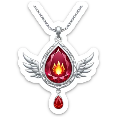 cosmic phoenix talisman: teardrop ruby radiating rebirth energy, ember edges, silver chain floating sticker