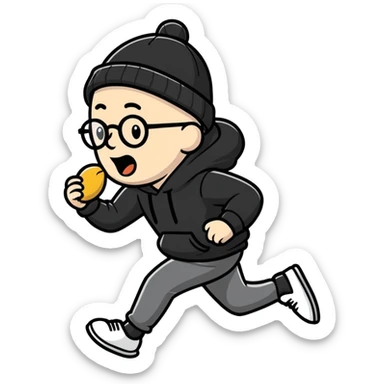bald white guy with glasses, wearing a black beanie, black hoodie, running away from a peanut mascot sticker