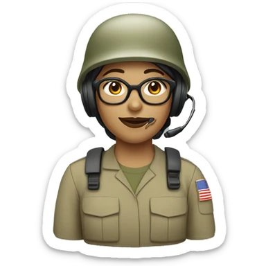 operator dressed in khaki color with a milatary helmet, with glasses, with headset, preferably female sticker