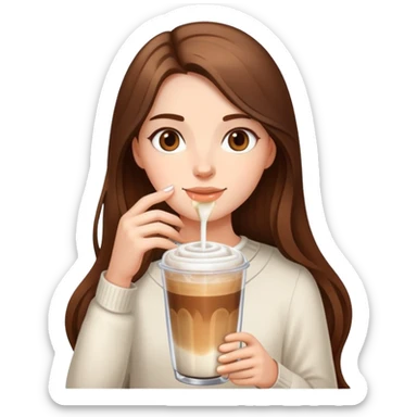 girl with long brown hair has ice latte coffee in glasse cup sticker