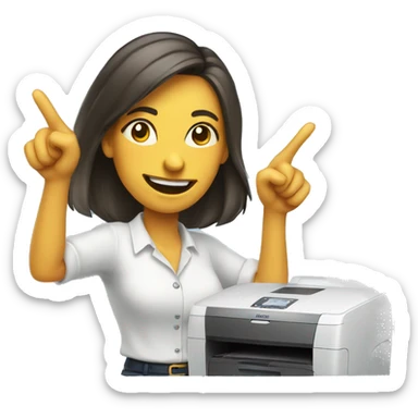 woman pointing to a home printer with a smug face sticker