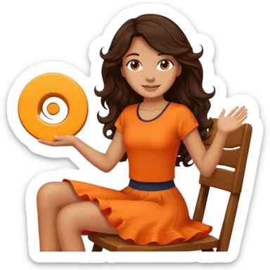 Twirling around a chair Long dark wavy hair women in orange top  sticker